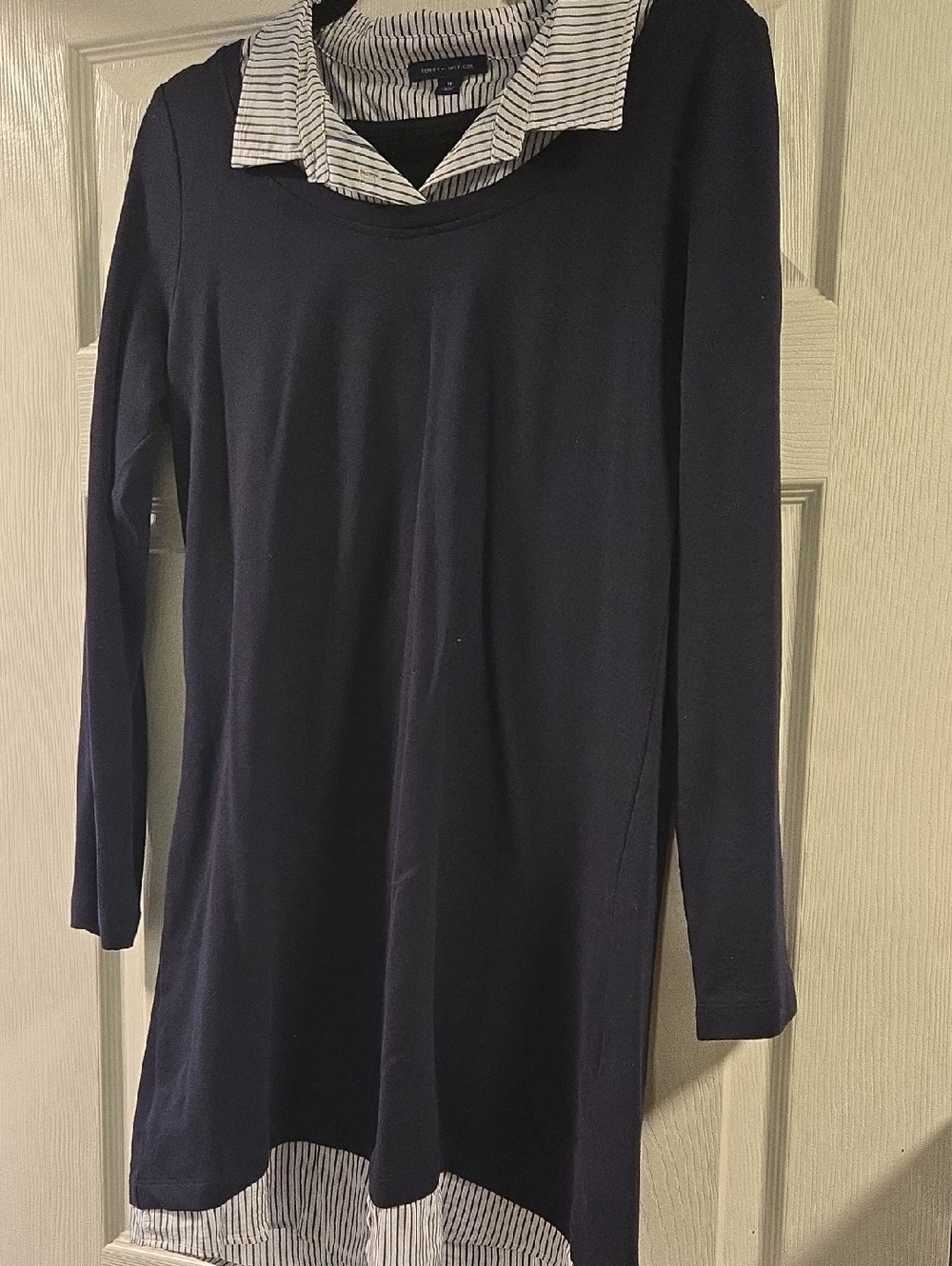 Tommy Hilfiger Navy Layered-Look Dreds with Striped Collar Size Medium